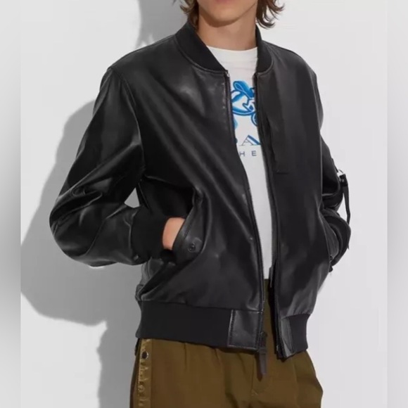 COACH Men’s MA-1 Jacket Lamb Leather Black Bomber Biker Sz S NWT - Picture 2 of 11